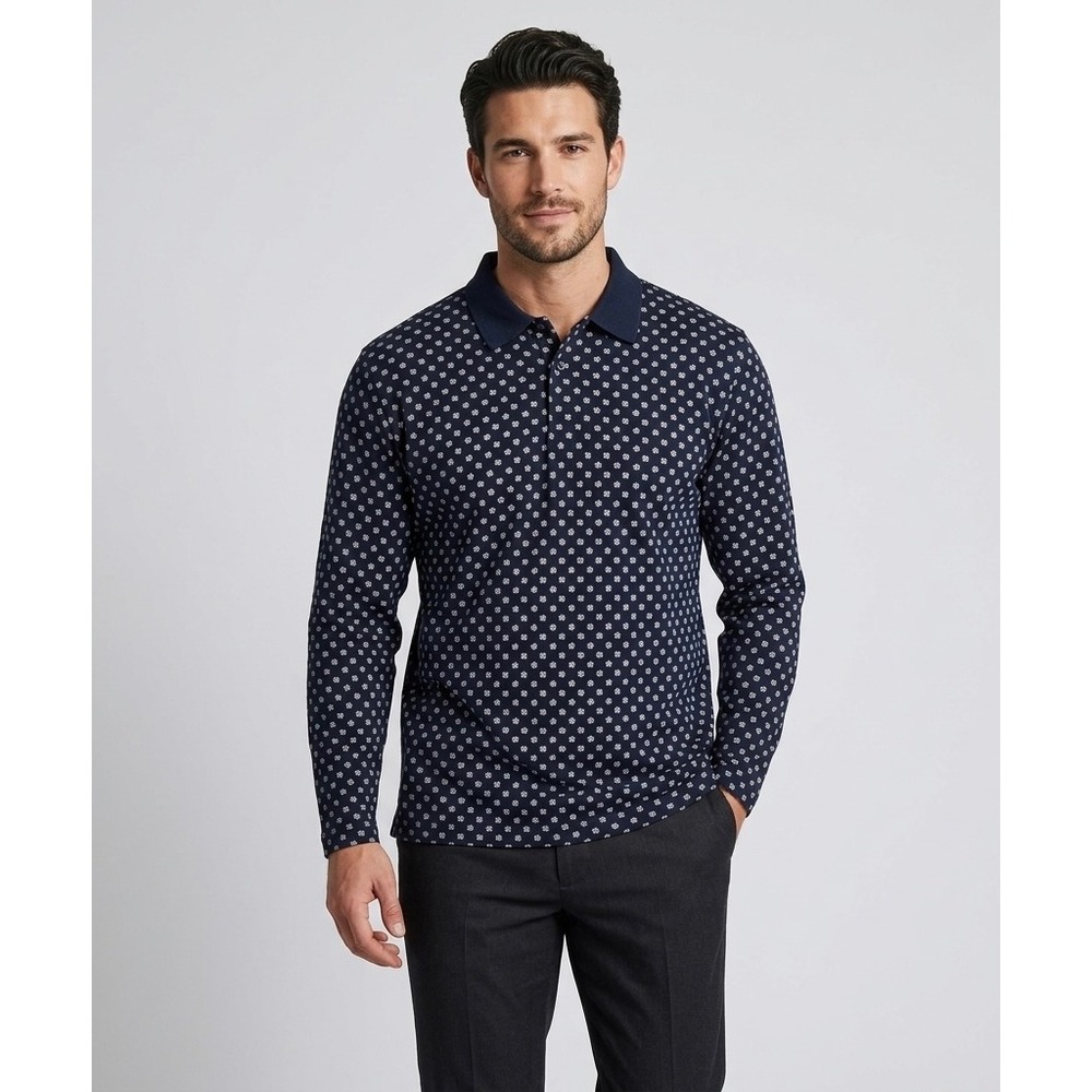 Austin Reed London Men's XL Navy Blue Mercerized Cotton Geometric L/S Polo Shirt